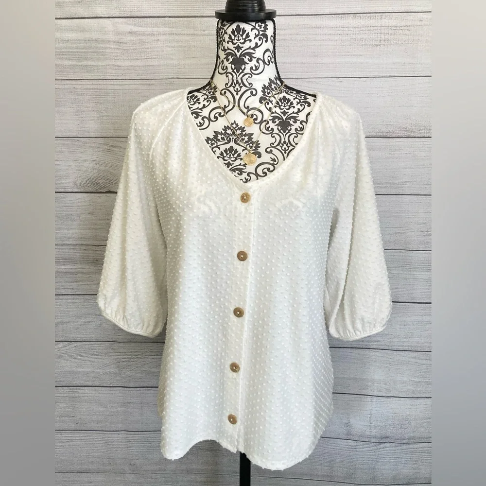 W5 | Women’s White Swiss Dot V-Neck 3/4 Sleeve Button Down Blouse - Picture 1 of 7